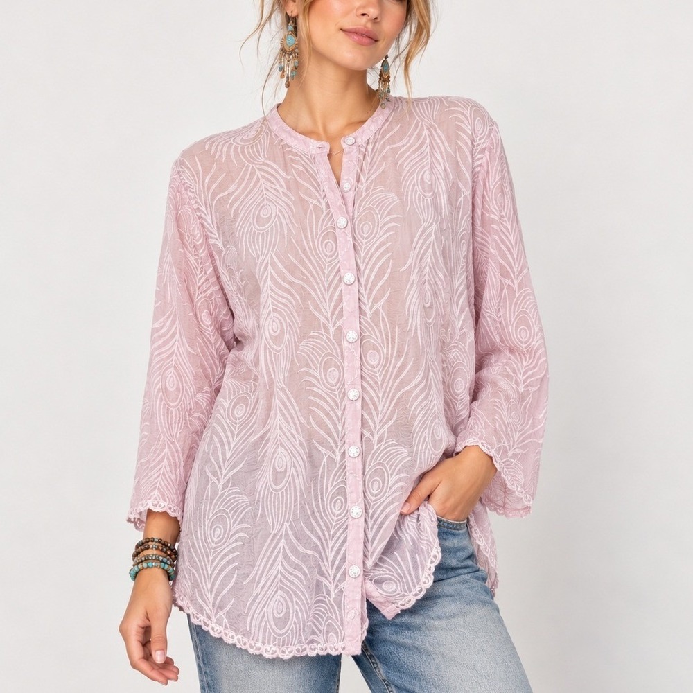 Johnny Was Lenny Button Women XL Pink Peacock Feather Embroidered Ethereal Boho